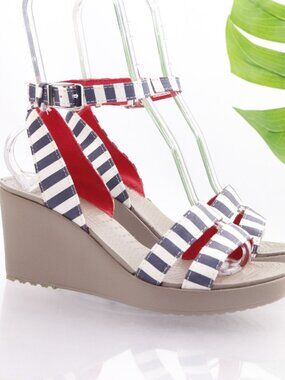 Crocs Leigh Navy White Stripe Wedge Platform Sandals Ankle Strap Nautical 10